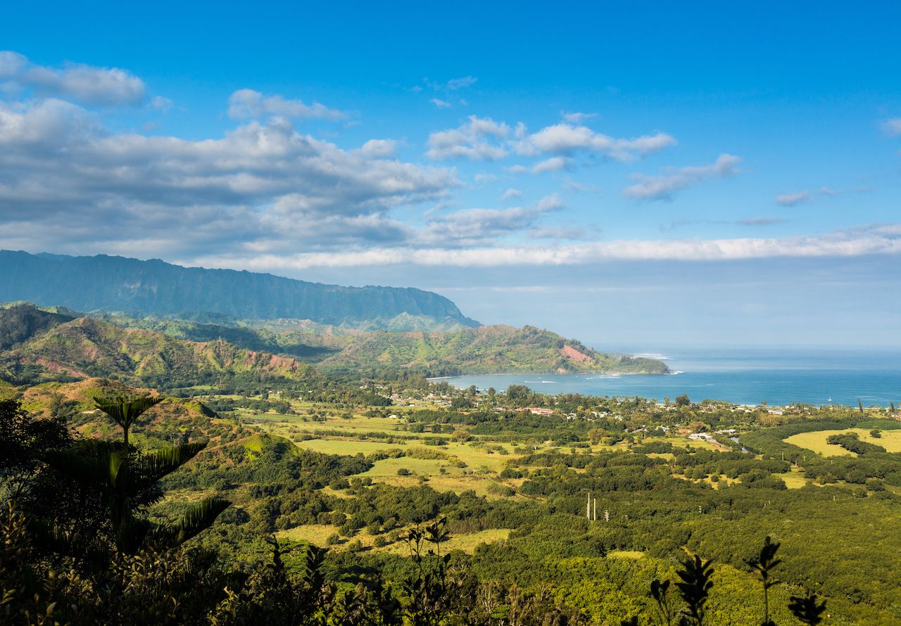 View over Hanalei bay and Na Pali range from Okolehao Trail