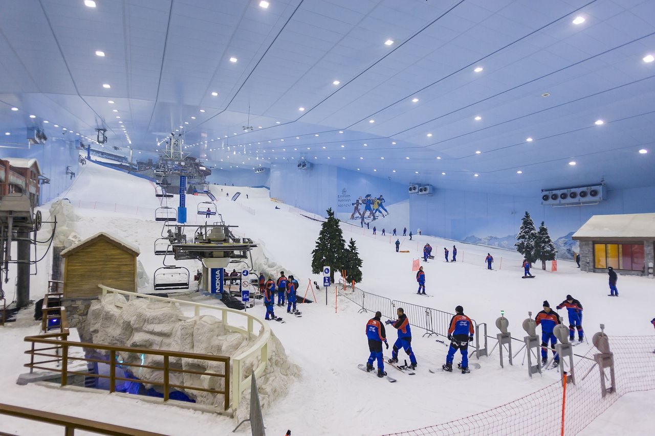 Ski instructors ready to teach at Ski Dubai, an indoor ski area.