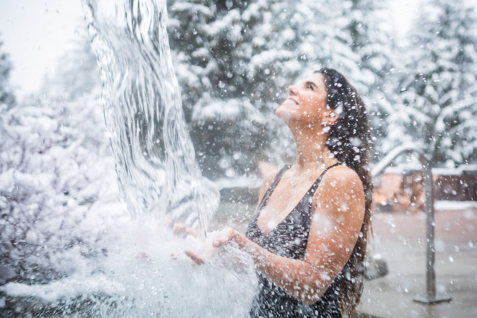 cold water waterfall at a nordic spa